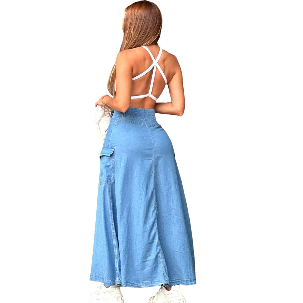 Picture of European and American women's high waist skirt Amazon cross-border women's fashion single row button slit large pocket denim skirt