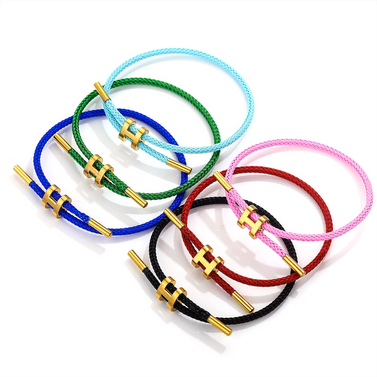 Cross-border stainless steel 18K gold-plated I-shaped buckle steel wire red rope bracelet adjustable 3D hard gold titanium steel bracelet weaving