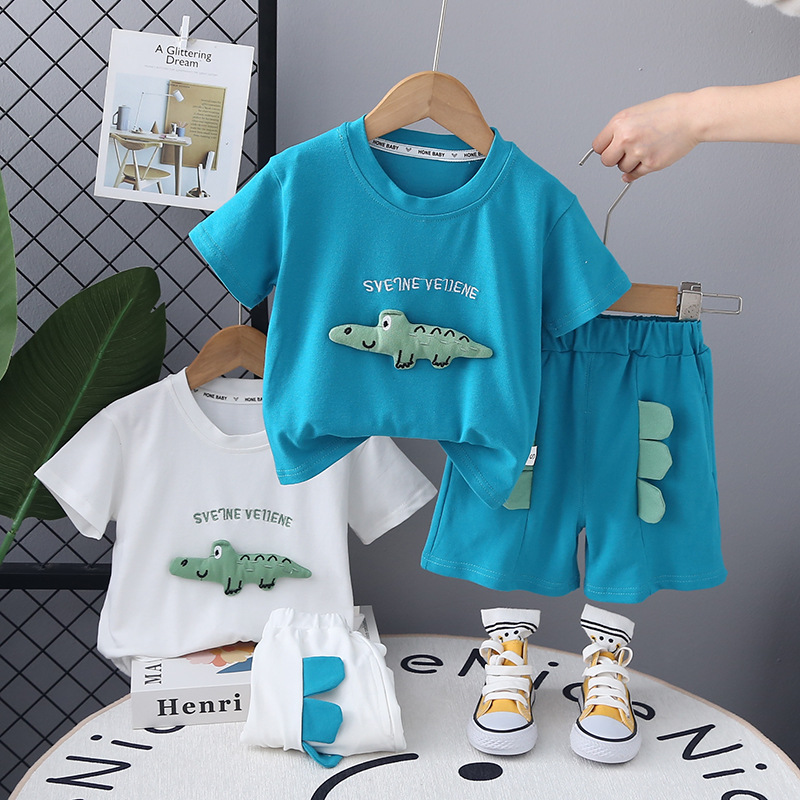 Boy's Short-sleeved Summer Suit Summer New Style Baby's Western-style Thin Baby's Three-dimensional Dinosaur Short-sleeved Two-piece Set