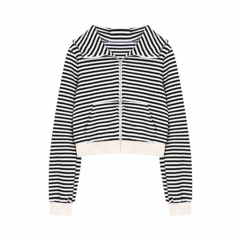 Picture of Design Sense Niche Stripe Small Devil Horn Korean Hooded Sweatshirt Early Autumn Small Casual Short Jacket Top