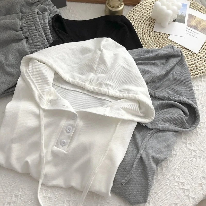 Drawstring hooded short-sleeved top for women 2024 new summer Korean style elegant versatile slimming short T-shirt bottoming shirt