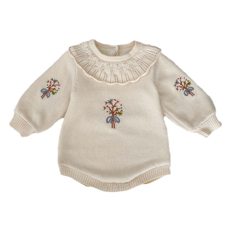 Fashionable Baby Winter Clothing, Baby Girl's Knitted Velvet Bag, Lace Round Neck, Thickeneded Warm Jumpsuit, Crawling Suit