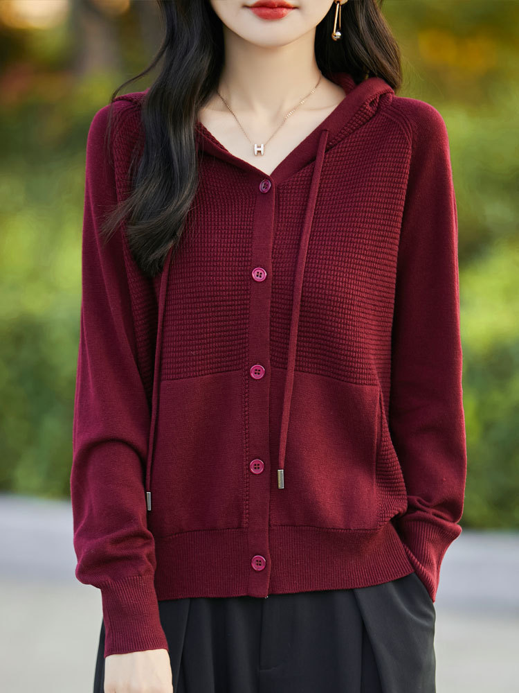 Osmanthus needle belt hooded long sleeve knitted cardigan women's autumn and winter fine imitation wool loose versatile sweater jacket top
