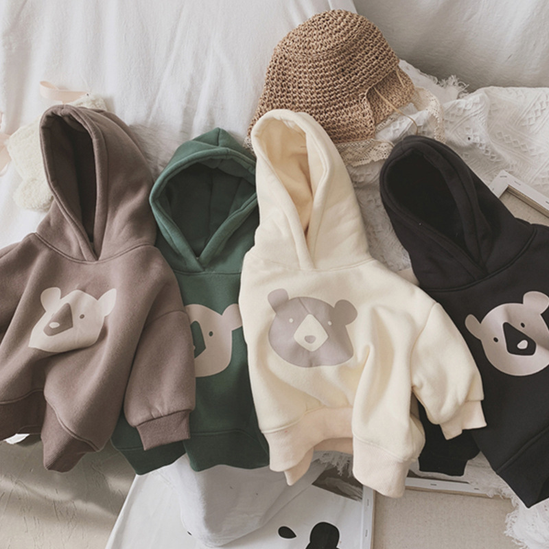 Children's Korean Style Winter Clothing New Sweatshirt Ins Unisex Baby Hooded Cute Bear Print Fleece-Lined Warm Top
