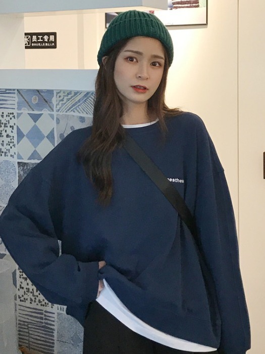 Thin/fleece-lined Autumn New Korean style simple letter loose slimming round neck long sleeve sweater female student coat