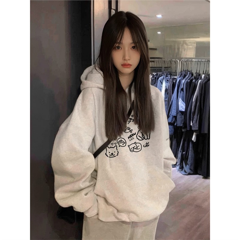 Picture of White Flower Grey Hooded Sweatshirt Women's 2024 New Spring and Autumn Thin Simple Style Early Autumn Long Sleeve Coat Design Sense Top