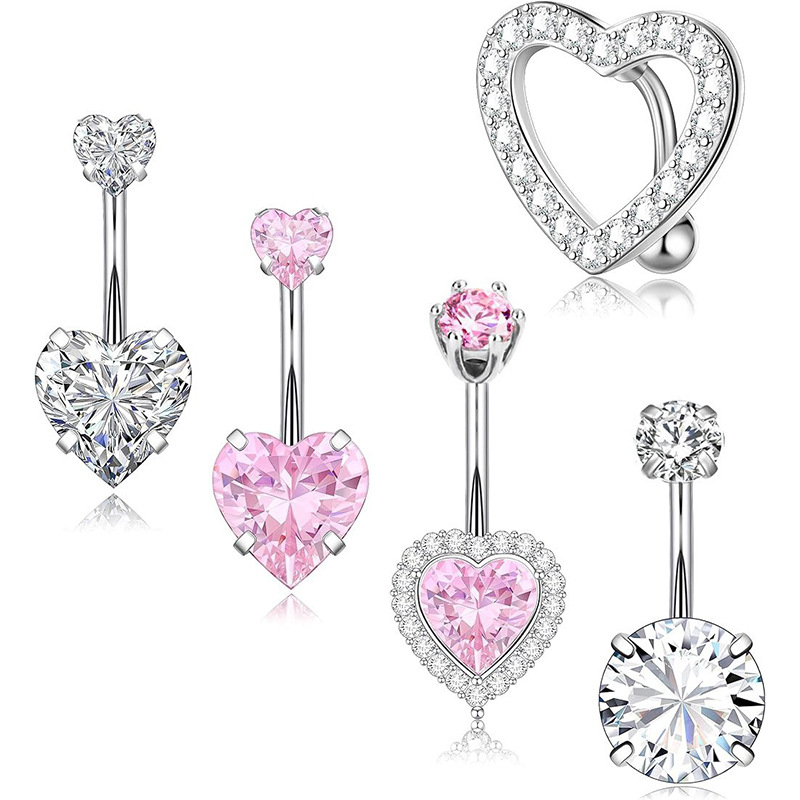 New heart-shaped double zircon navel nail stainless steel navel ring full diamond heart-shaped navel buckle puncture navel accessories