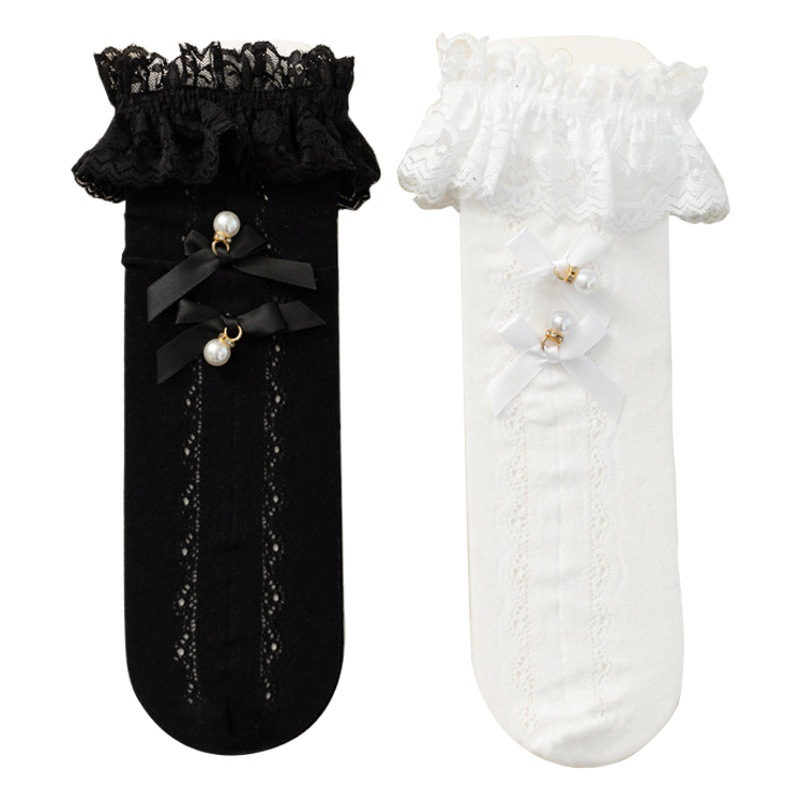 Girls' Socks Spring and Summer Thin Bow Lace Princess Pile Socks Baby Girls' Japanese Style Cute Lolita Mid-Size Socks