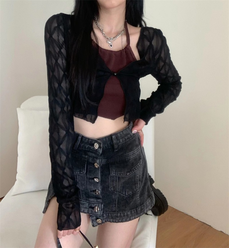 Picture of American-style sweet and spicy mesh shirt women's summer new outer cardigan thin pure style slim-fit short long-sleeved top