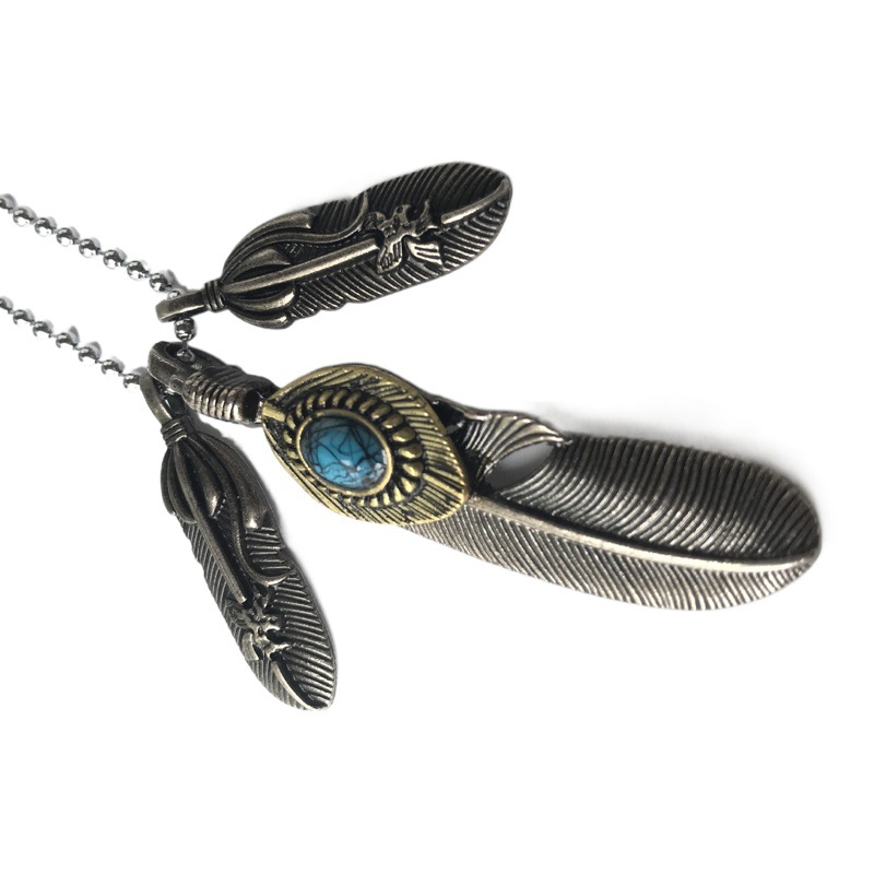 Foreign Trade European and American Handmade Turquoise Feather Pendant Trendyy Fashionista Necklace Sweater Chain Women's Accessories Wholesale