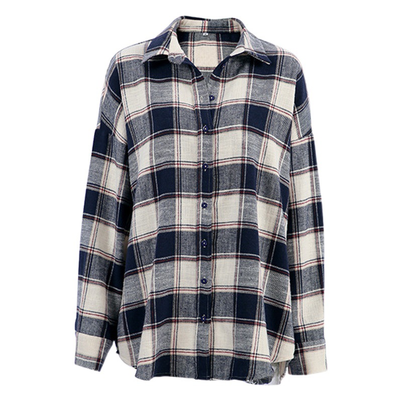 American plaid cotton loose all-match long-sleeved shirt 2023 European and American new autumn fashion foreign trade cardigan women's clothing