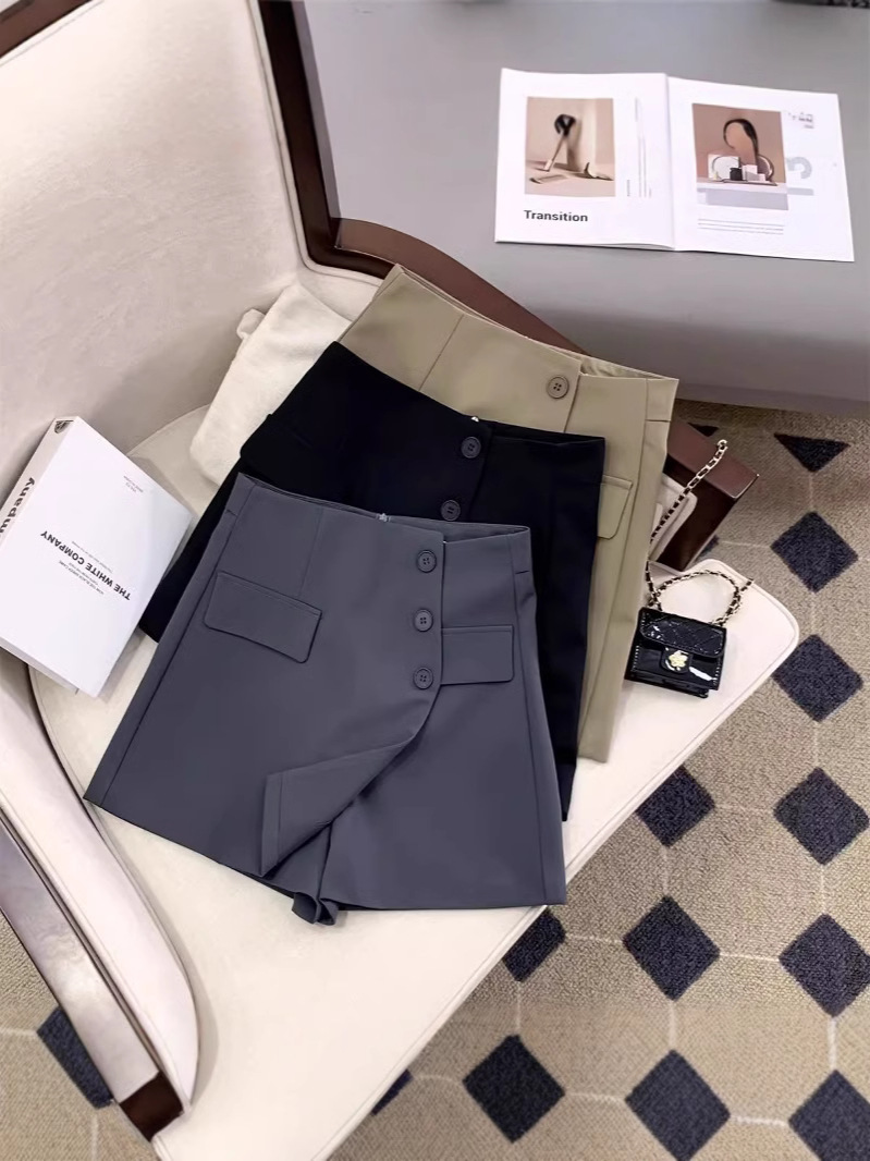 Picture of Irregular High Waist Suit Short Pants Skirt Women's Spring 2025 New Korean Style Button Embellished A- line Wide Leg Skirt Pants