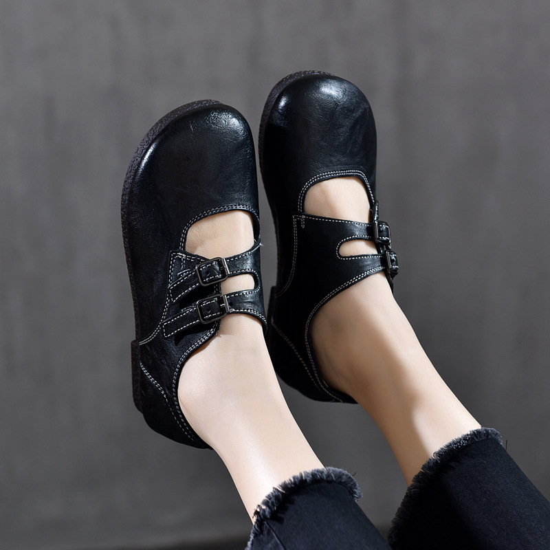 [Event Price 108] Hand-Grabbed First-Layer Cowhide, Round-Toe Small Leather Shoes, Belt Buckles, Genuine Leather Flats, Shallow-Mouthed Shoes