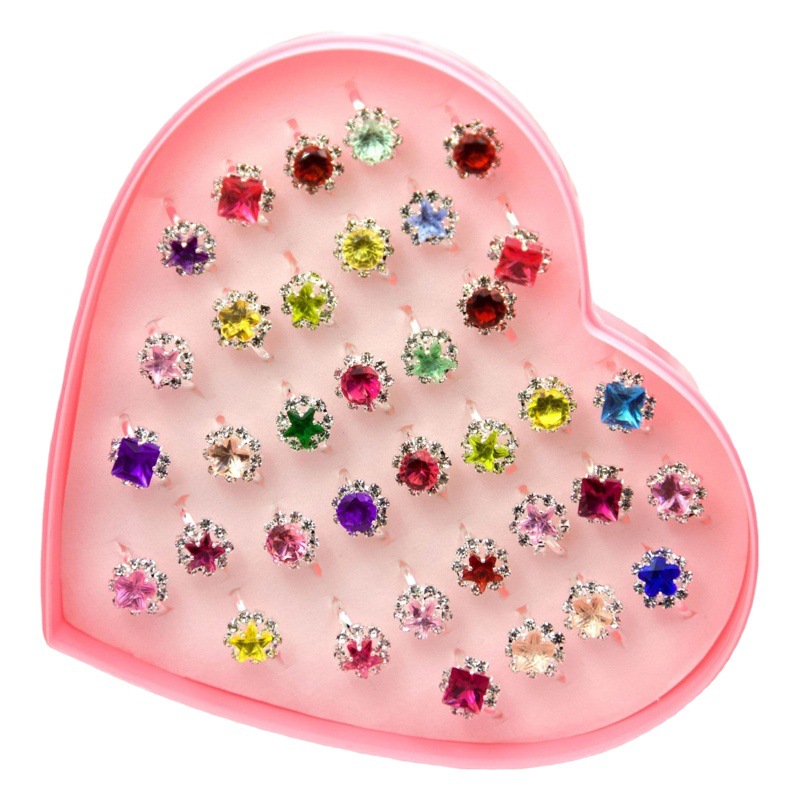 Tao Factory 36 Pieces of Kidsren's Heart Boxed Colored Diamond Ring, Diamond Gemstone Ring, Fashionable Girl's Birthday Gift