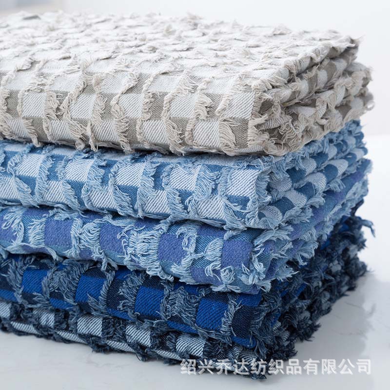 Picture of Tassel chessboard Plaid jacquard Denim fabric coat rinse washed Denim cotton cut flower texture clothing fabric