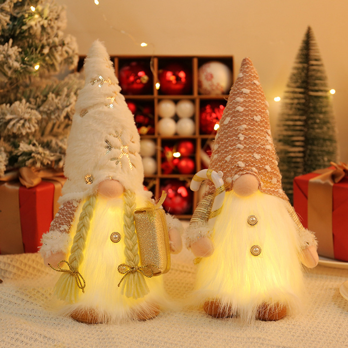 New Christmas decorations long beard plush hat with light holding gift crutch Rudolf doll window decoration