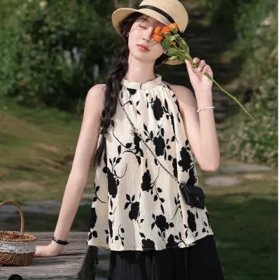 Picture of Design Sense Round Neck Back Lace Summer French Vest Sling New Style Chic Sleeveless Neck Top for Women