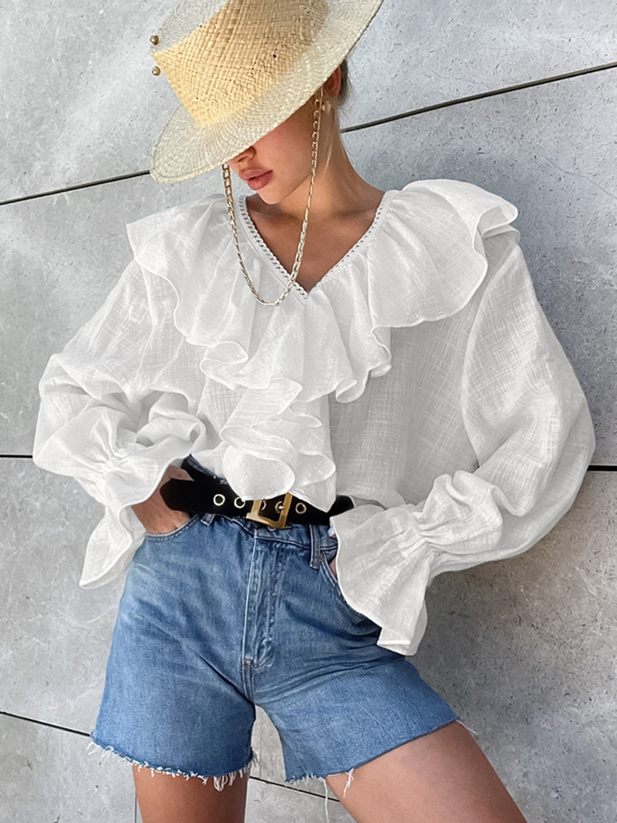 French V Neck Ruffle Top 2024 Autum Export Inner Pullover Pure Cotton Edge Women's Shirt Design