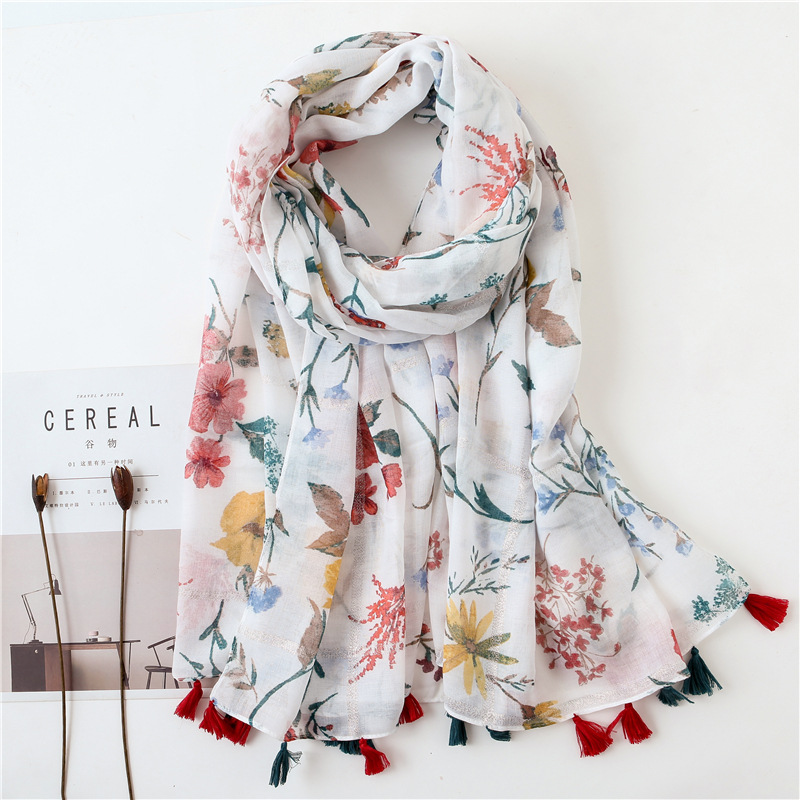 Spring and summer literature and art small fresh gilded floral tassel cotton and linen scarf holiday tourism beach towel ladies thin