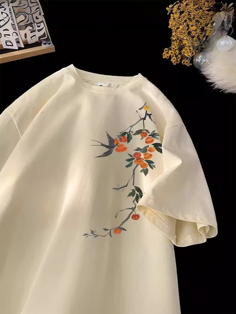 Guofeng Printed Short-sleeved T-shirt Women's 2024 New Summer Large Size White T-shirt Base Loose Bf Elegant Top