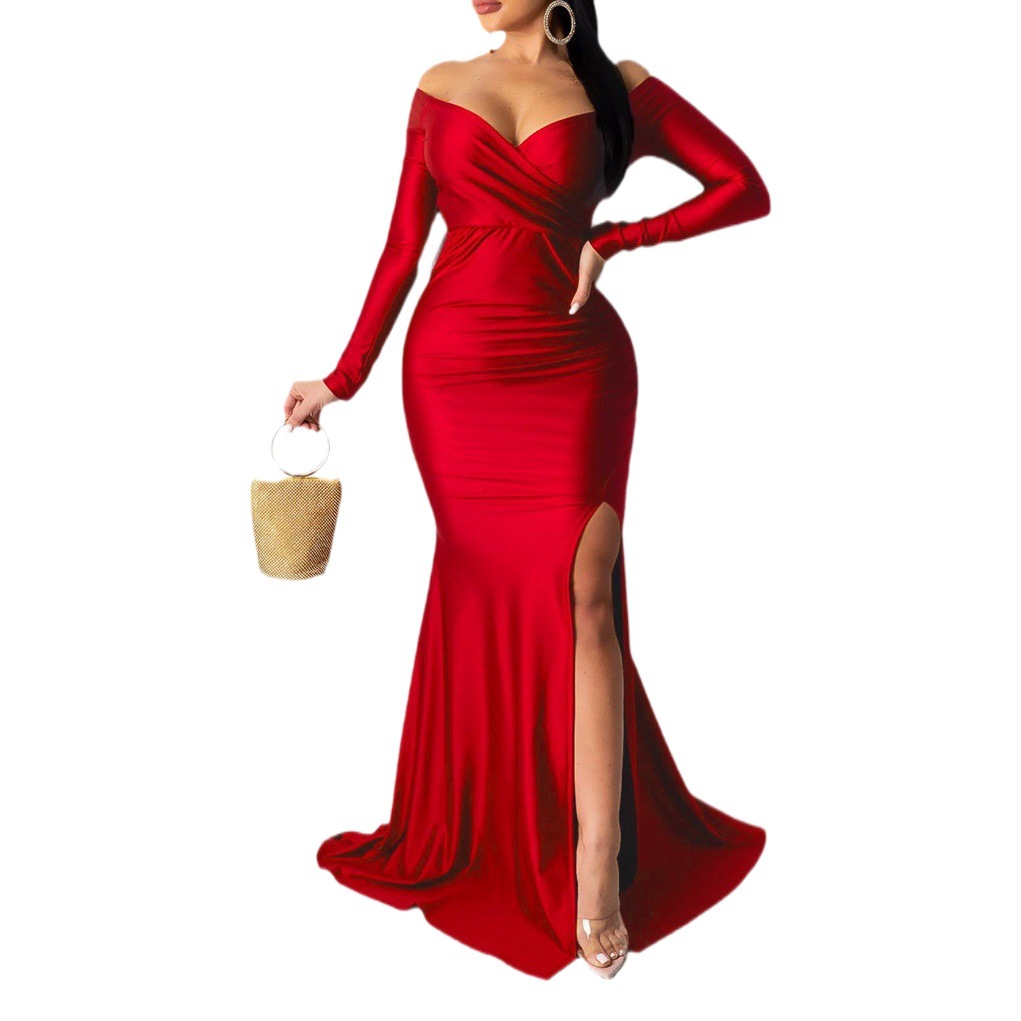 Cross-border European and American women's sexy dress nightclub dress solid color large slit dress autumn and winter long sleeve fishtail skirt