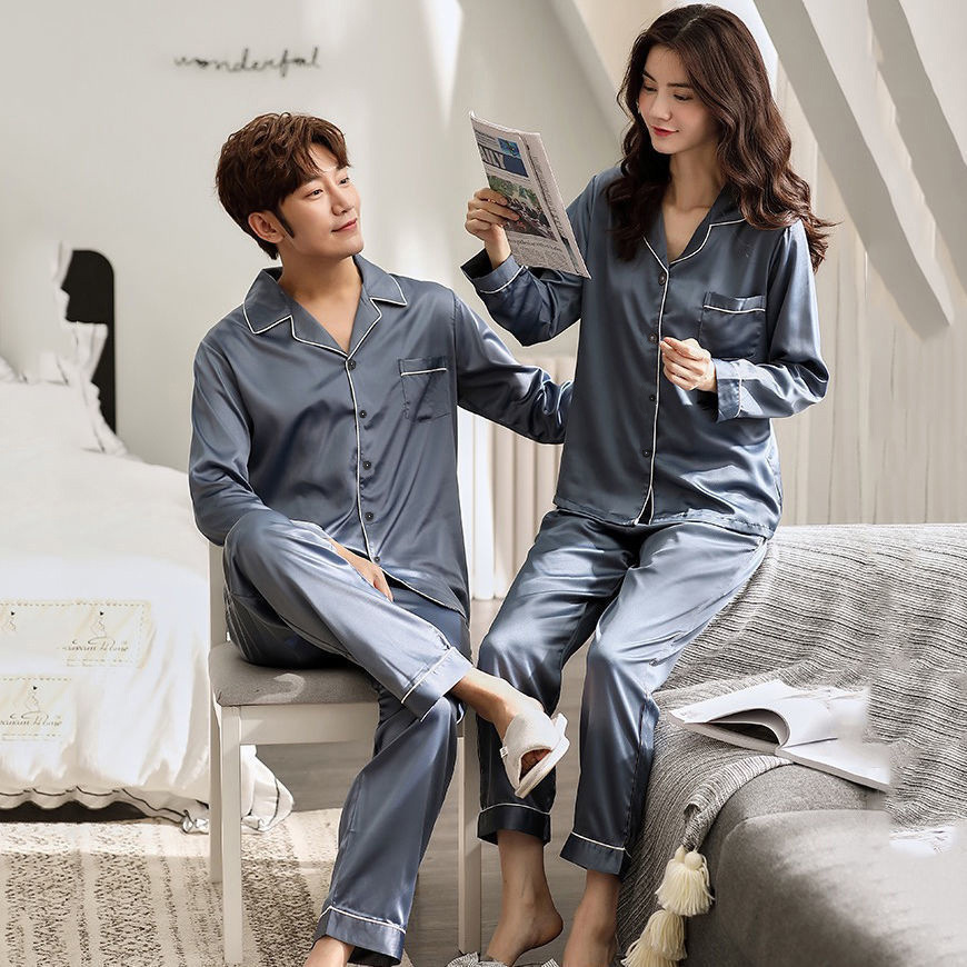 Couple Pajamas Women's Spring and Autumn Ice Silk Long Sleeve 2023 New plus size Men's Youth Silk-like Home Clothes suit
