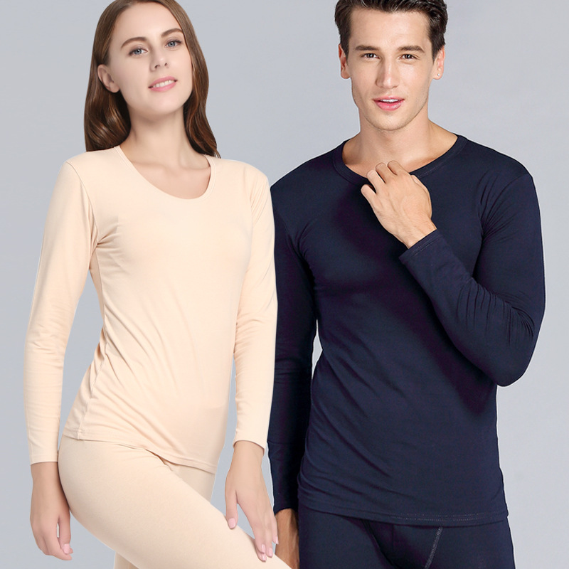 2025 Autumn and Winter New Men's Thermal Underwear Set Lycra Solid Color Round Neck Red Women's Autumn Clothes and Autumn Pants Set