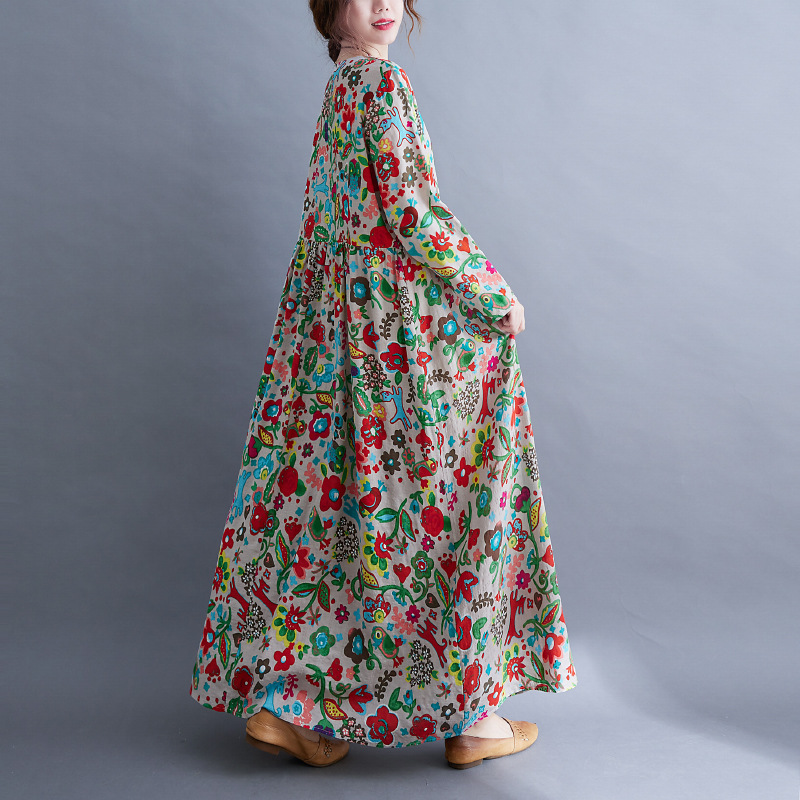 Picture of Foreign trade elegant large swing skirt dress spring and autumn loose plus size women's clothing fat sister ethnic style printed over-the-knee dress