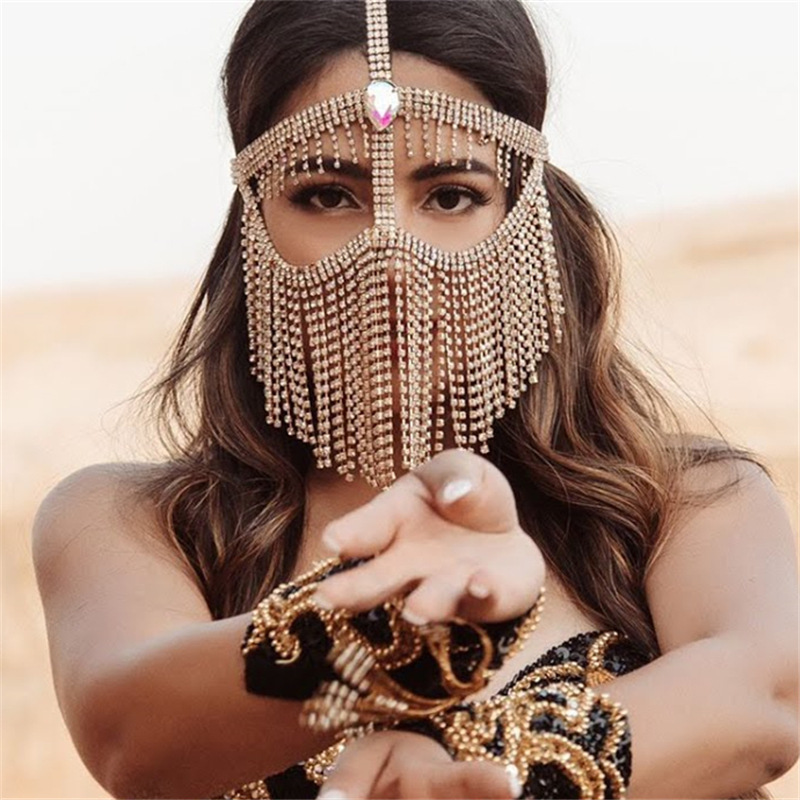 AliExpress hot sale luxury shiny rhinestone long tassel mask exotic style AB color crystal face jewelry wholesale