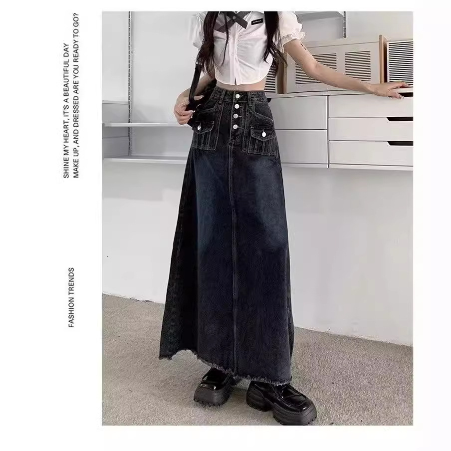 High-Waist Slim-Look Fur-Edge Denim Skirt Women's Spring and Summer Large Size Chubby Sister Pear-Shaped Mid-Length A- Line Skirt