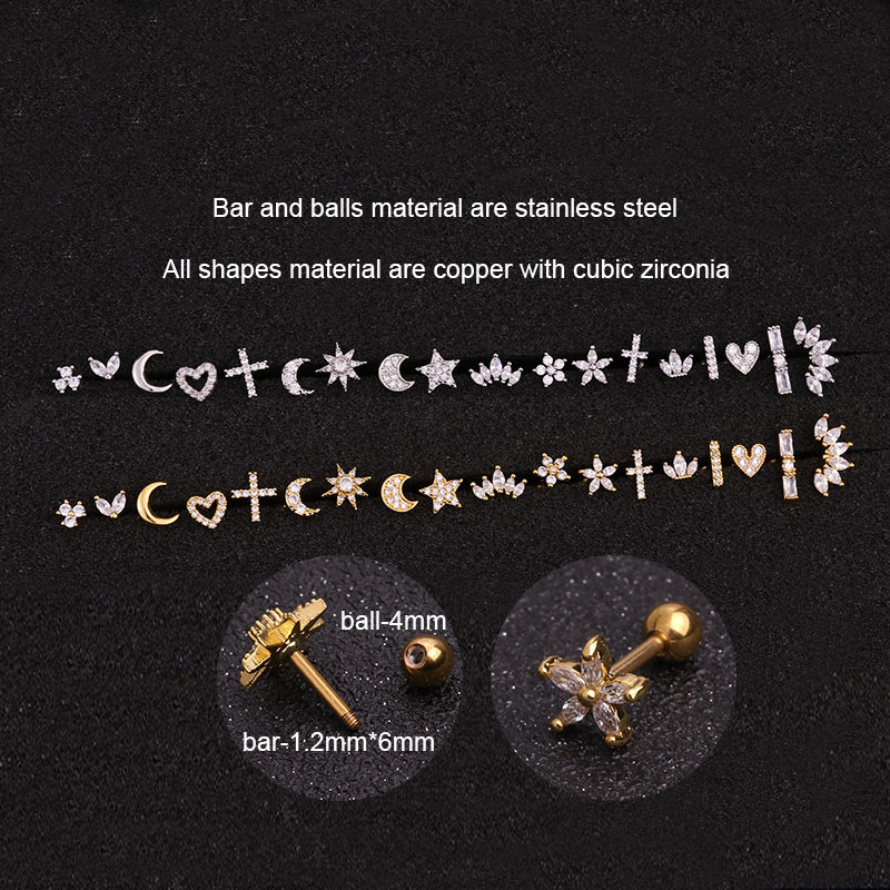 Picture of Titanium Steel Stainless Steel Rod Micro-inlaid Zircon Crown Ear Nail Screw Screw Ball Fashion Earrings European and American Piercing Jewelry
