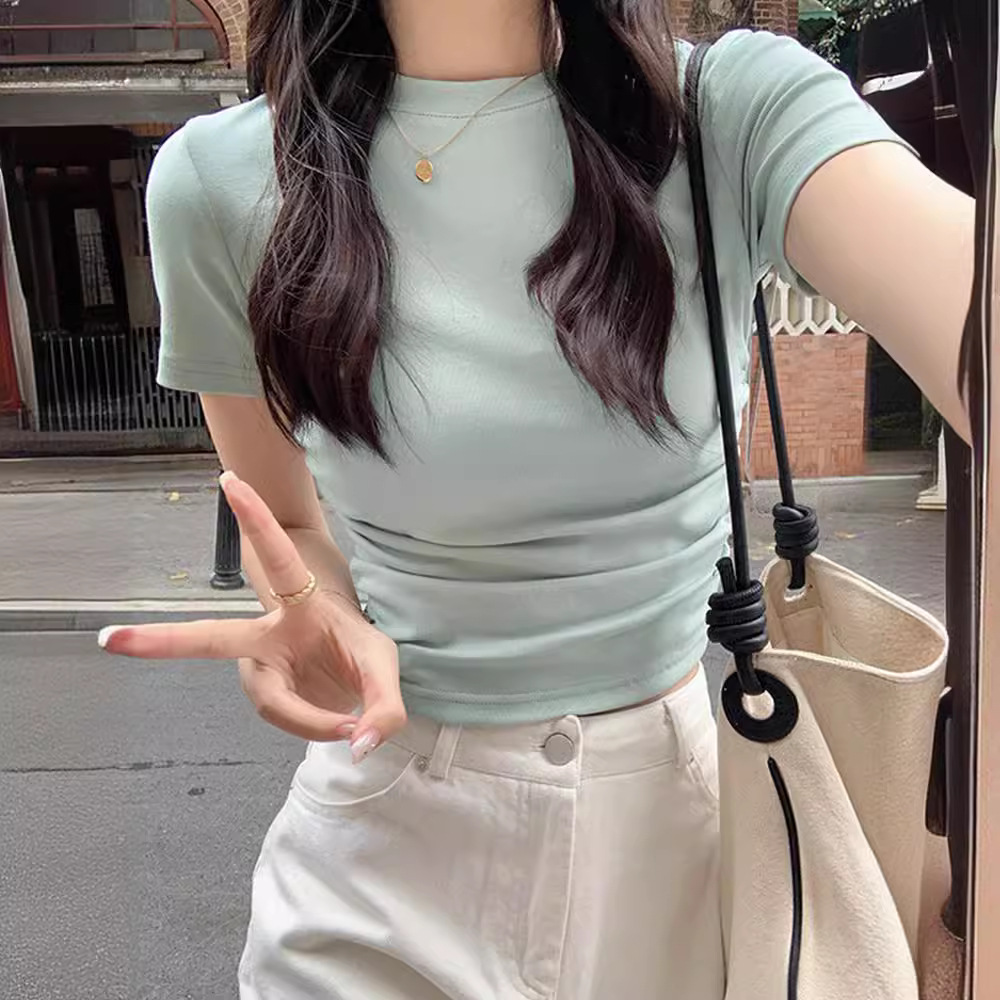 Shoulder T-shirt Women's Summer New Pleated Strap Tight Waist Slim-fit Short Top