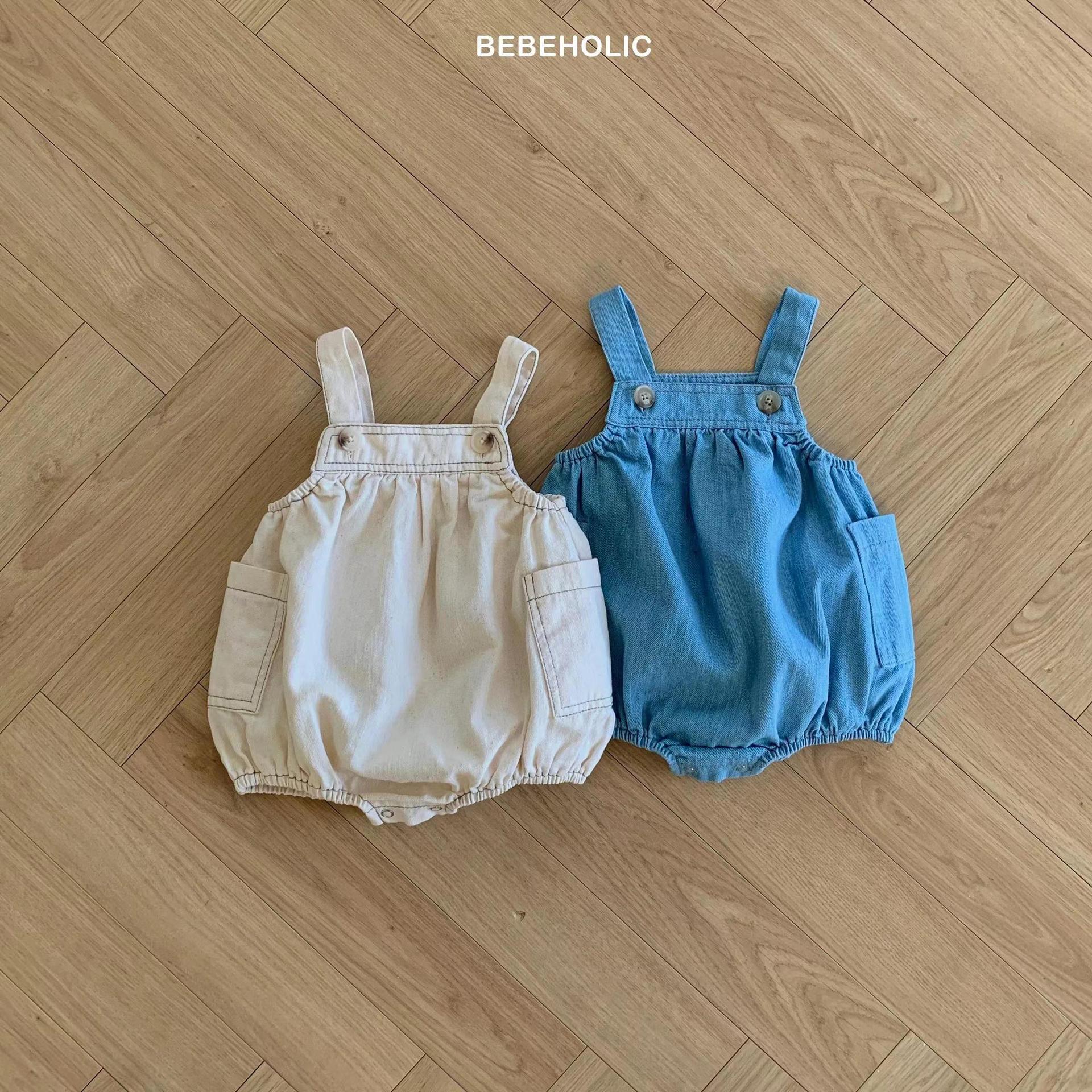 Summer Korean-style Baby Boys and Girls Baby Denim Strap Suit Solid Color Large Pocket Triangle Climbing Clothes All-match