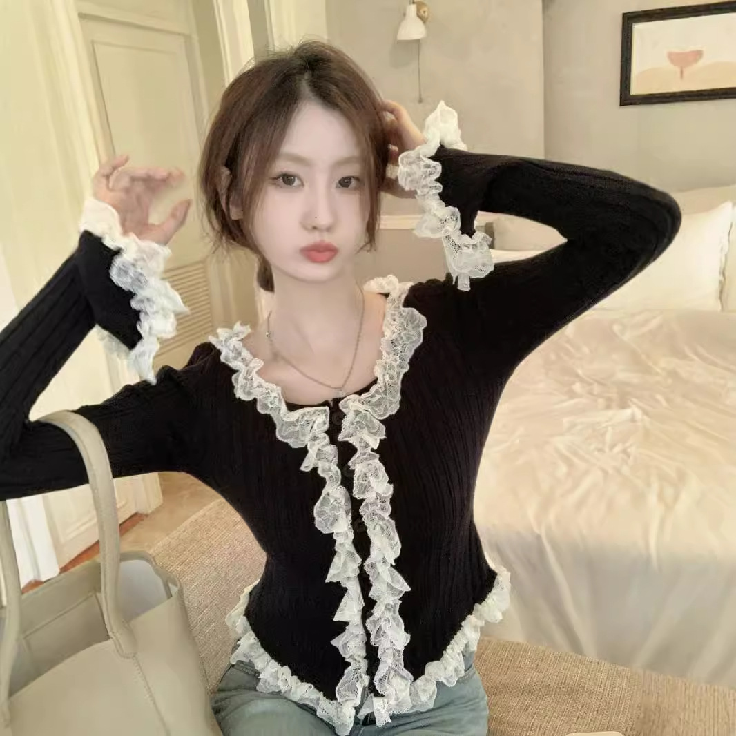 Picture of French Style Pure Lust Style Apricot Knitted Cardigan for Women Autum 2024 New Slim Short Spliced Lace Top