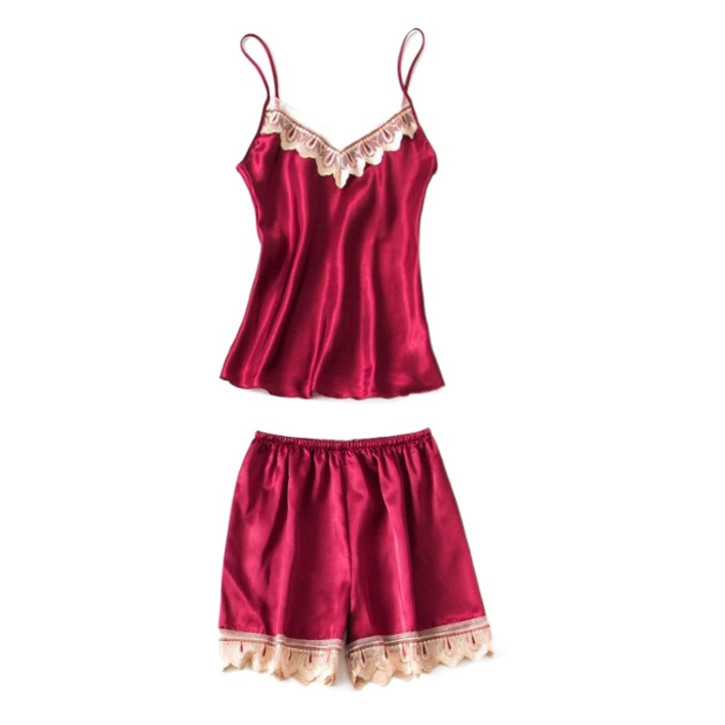 Korean Style Spring and Autumn Sexy Silk Four-piece Set Women's Summer Sling Pajamas Short Dress Gown Sweet Lace Home Clothes Set