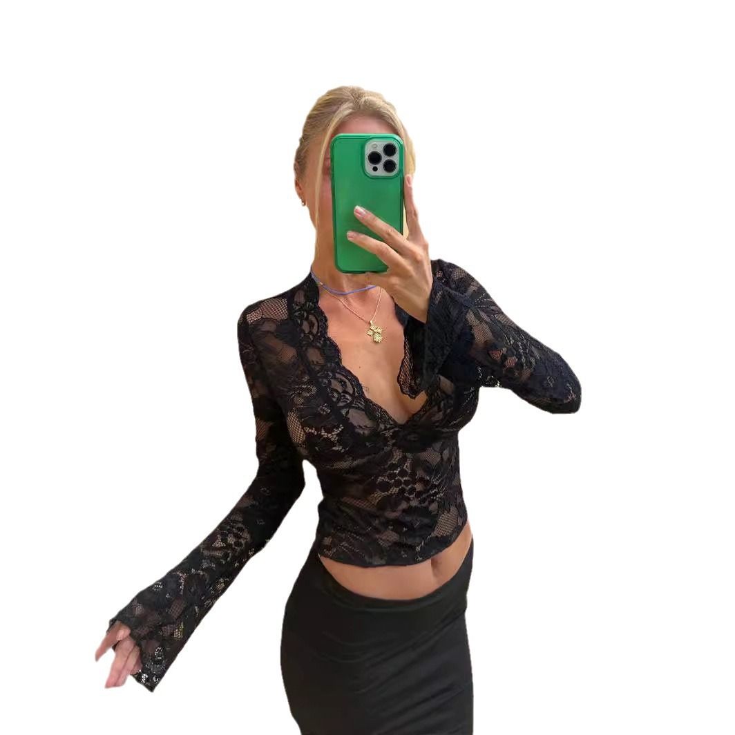 Picture of Cross-border New AliExpress Amazon Europe and America Solid Color Slim V-neck Long Sleeve Lace Base Shirt Top