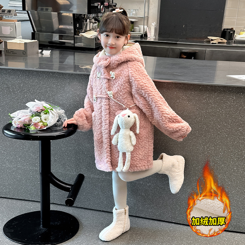 Picture of Girl's Fluffy Sweater Mid-length Cotton-padded Coat Winter New Style Girl's Stylish Fashionable Hooded Thickened Cotton-padded Coat