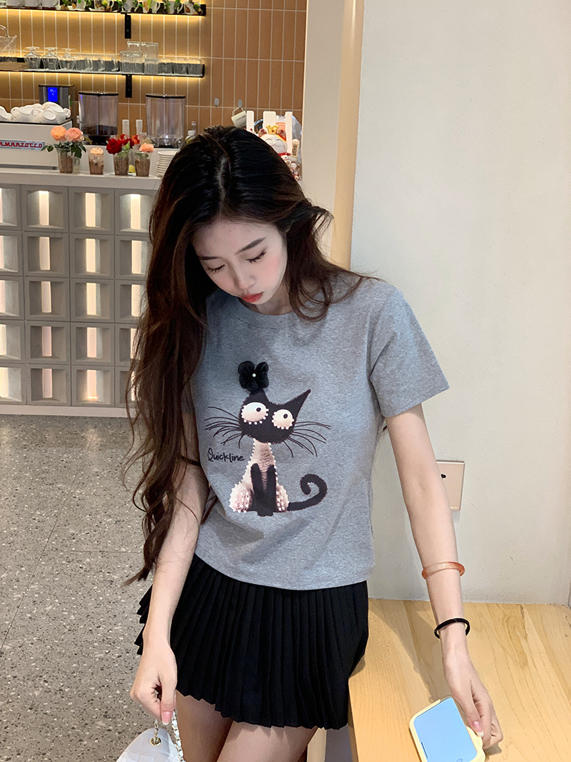 Picture of Cartoon Kitten Pattern Embroidered Short-sleeved T-shirt Women's Summer New Design Sense Niche Western Style Short Top Ins Trendy