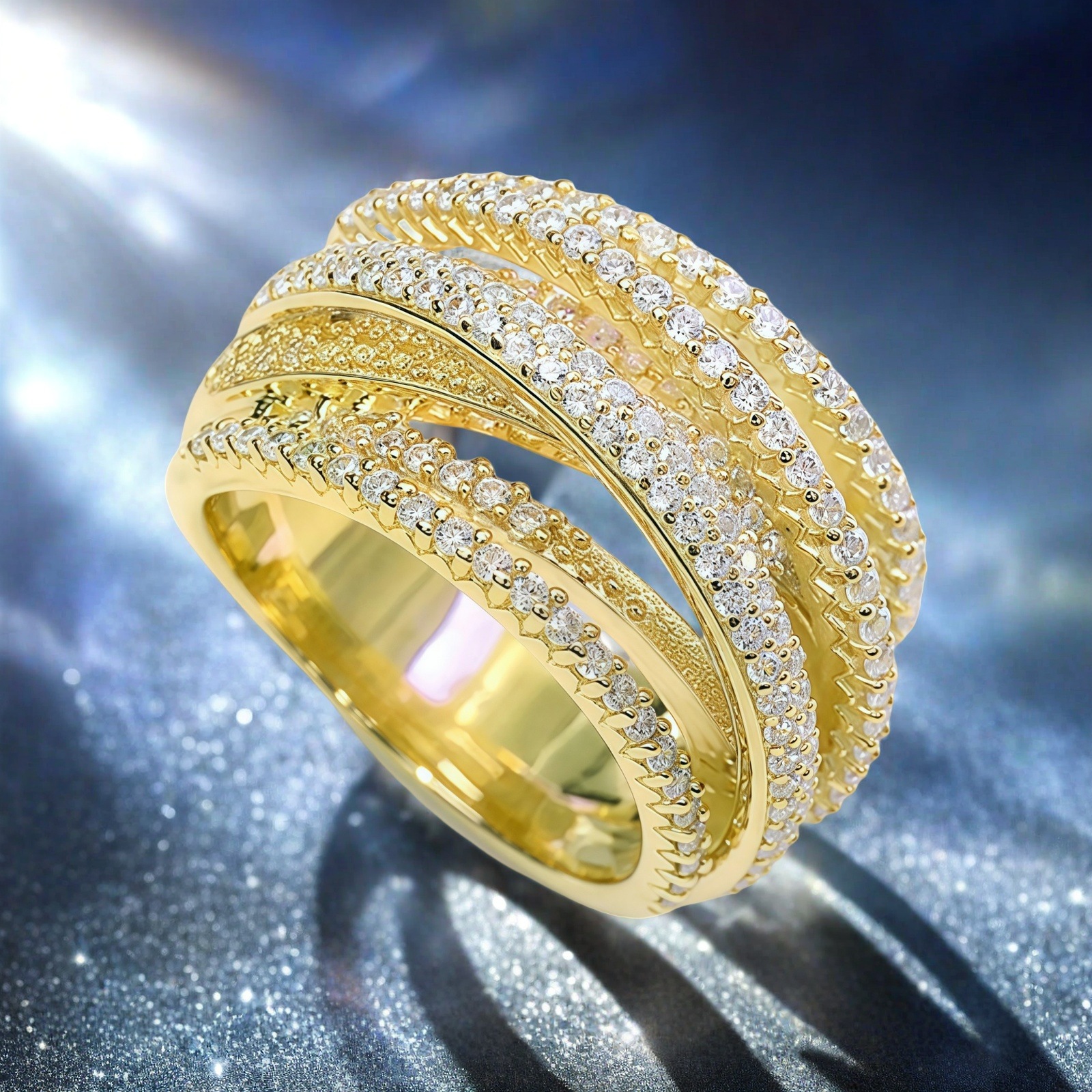 Cross-Border Popular Trendy Hip-Hop Line New Trendy Three-Dimensional Multi-Layer Cross Ring for Women with Micro-Paved Zircon Engagement
