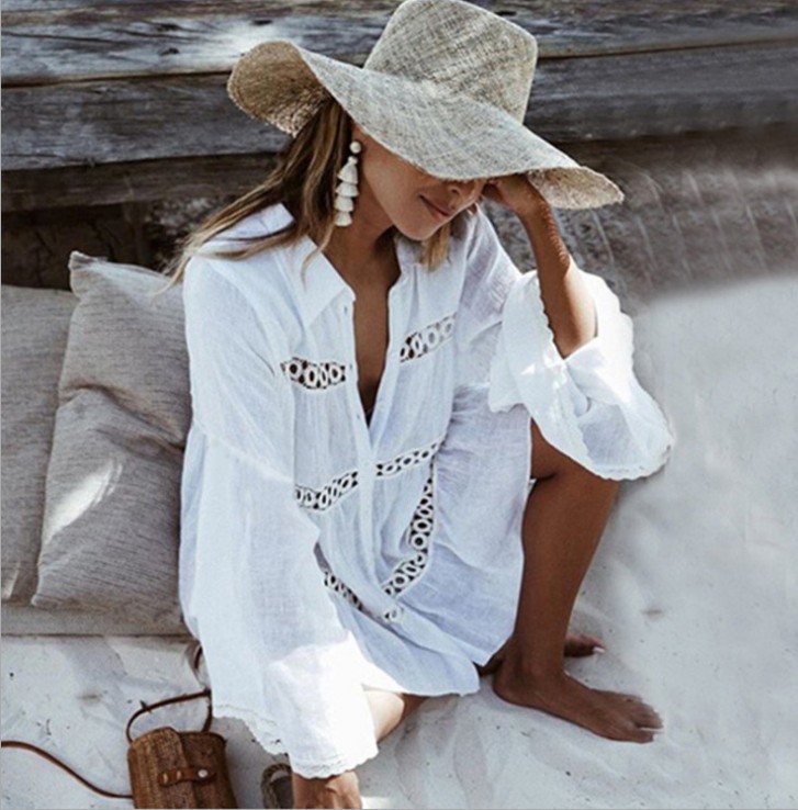 rayon layered lace shirt-style trumpet-sleeved beach blouse, beach holiday skirt