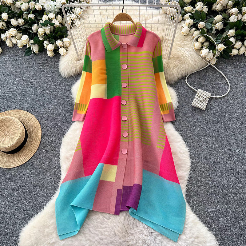 Miyake Spring and Autumn Mid-length Loose Printed Slim-looking Age-reducing plus size mm Lapel Pleated Nine-point Sleeve dress