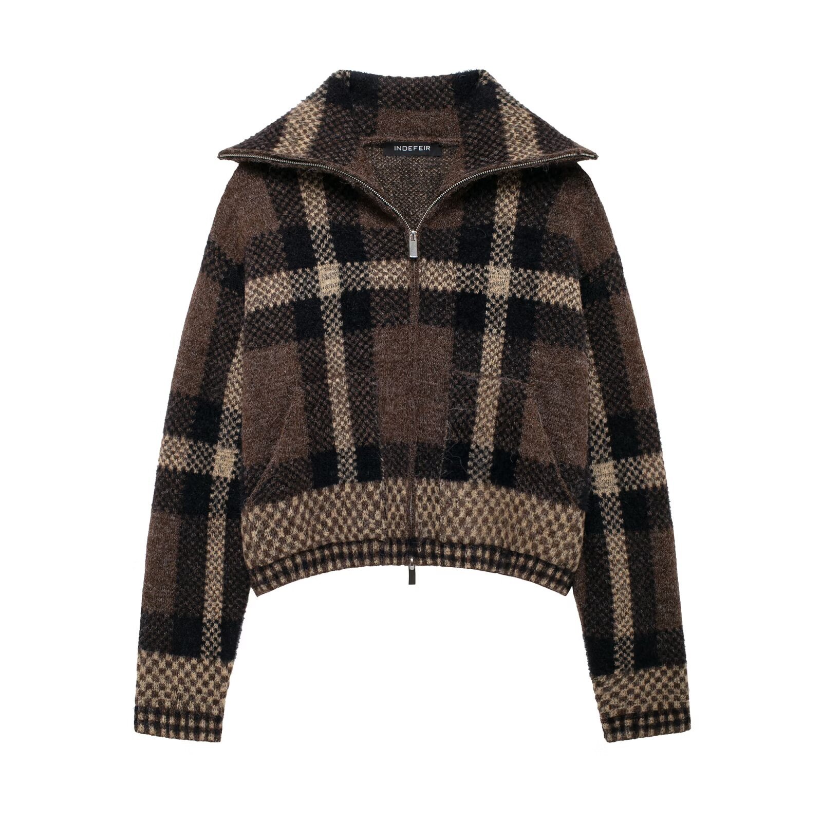 Vintage Plaid Long-sleeved Sweater Women's 2024 Autumn and Winter New American Loose Lazy Lapel Zipper Cardigan Sweater