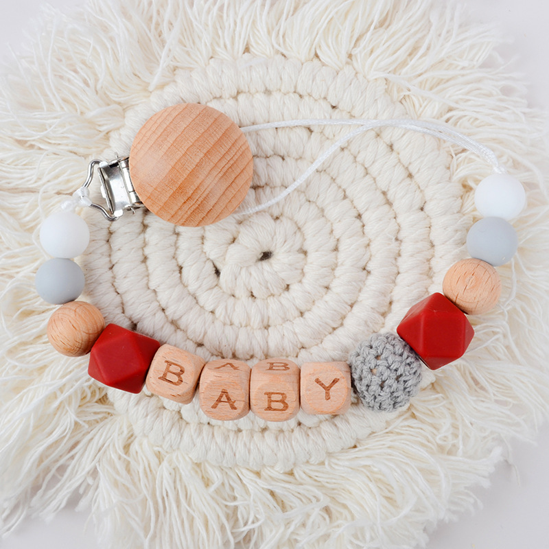Picture of New Beech pacifier clip Beech letters BABY silicone octagonal beads wool crochet anti-drop chain