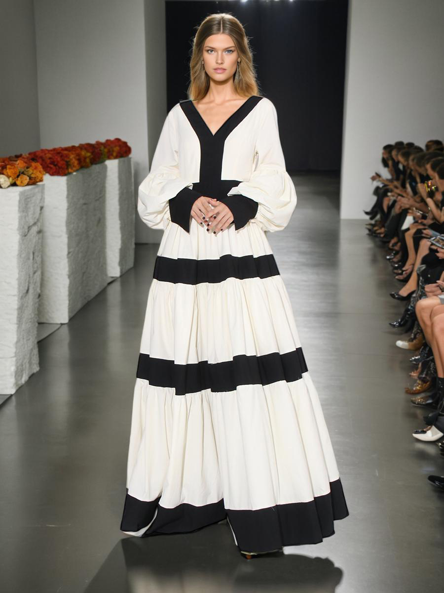 Retro Socialite Style Dress Women's 2025 Summer New V Neck Lantern Sleeve Stripesd Stitching Fashion A-Line Long Skirt