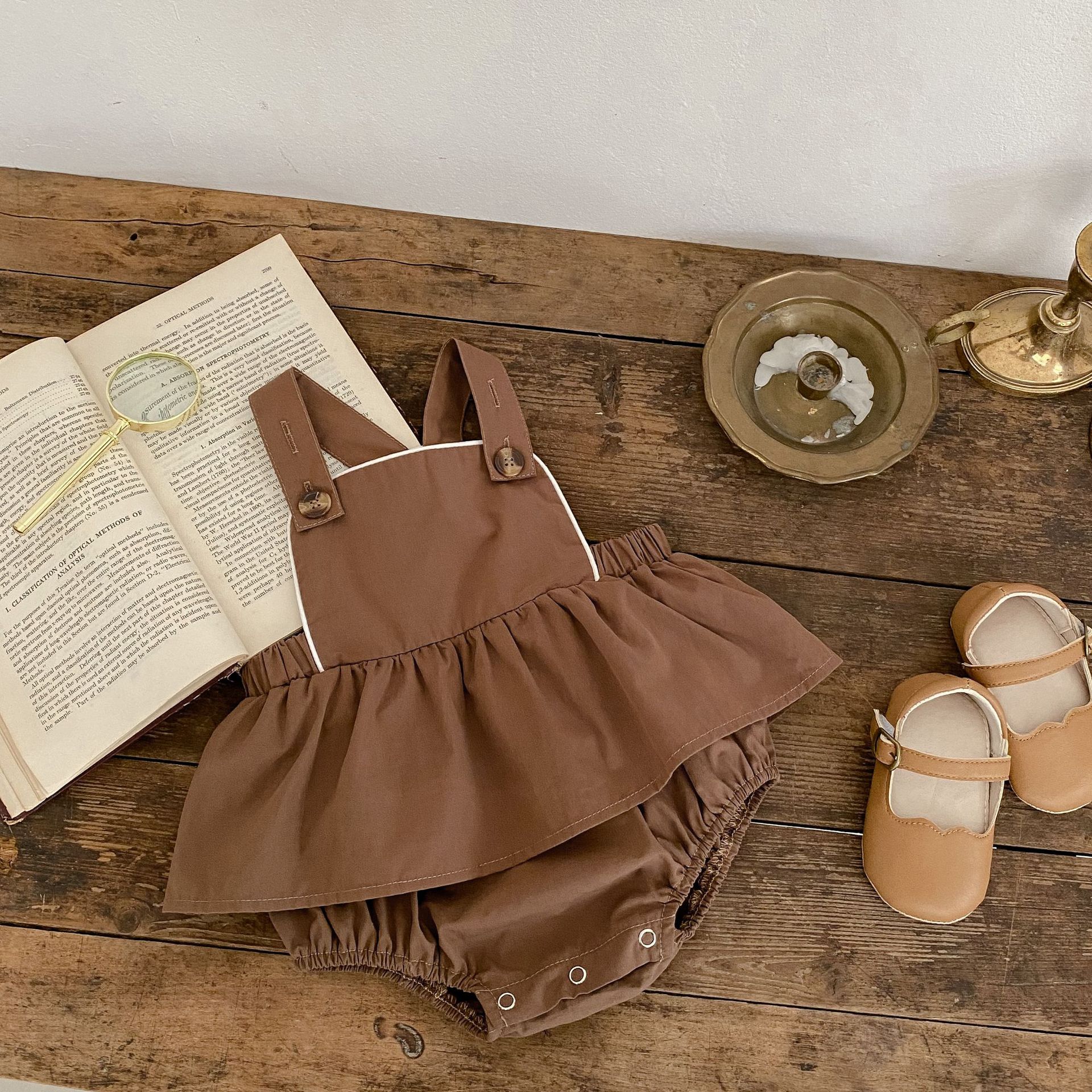 Picture of 2025 New Fashionable Baby Girl Sling Romper Bag Fart Clothes Baby Dress + Doll Collar Shirt Two-Piece Set