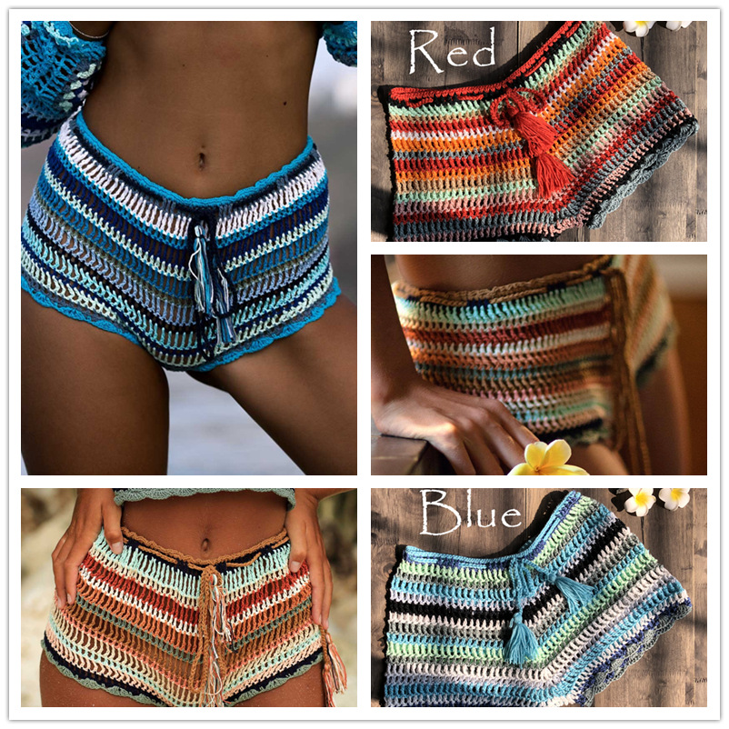 Amazon popular women's split swimsuit women's color striped hand hook bikini suit knitted sexy swimming trunks