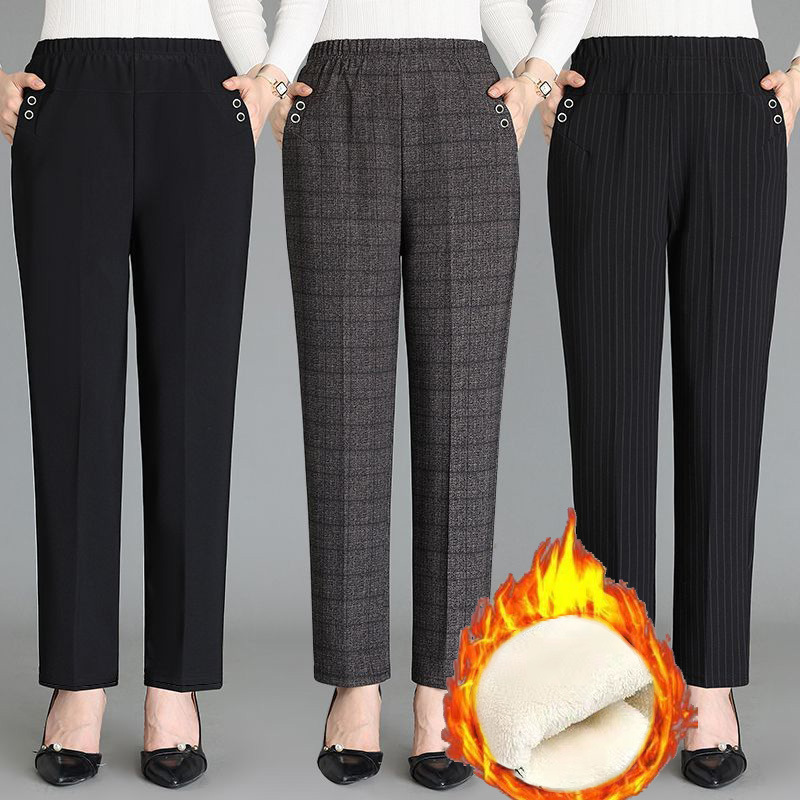 Autumn and Winter Thickened fleece-lined Middle-aged and Elderly Women's Pants Loose High Waist Casual Pants Outerwear Straight Leg Pants Mother's Pants plus size Cross-border