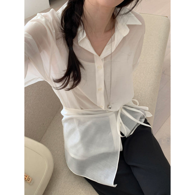 Picture of South Korea chic pre-autumn new French design sense irregular button-down lapel long sleeve shirt drapery two-piece women's set