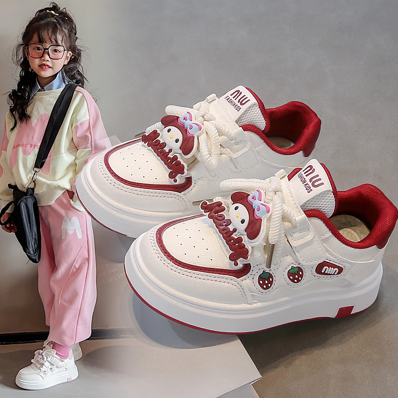 2025 Spring New Girls Korean Style Breathable Leather Panel Shoes Girls Cute Casual Running Non-Slip Sports Shoes