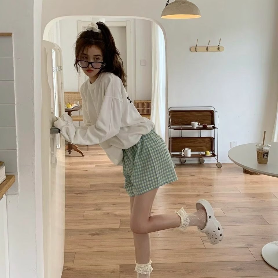 Plaid Wide Leg Shorts Women's Summer New Style Fresh High Waist Slimming Home Casual Pants Thin Pants